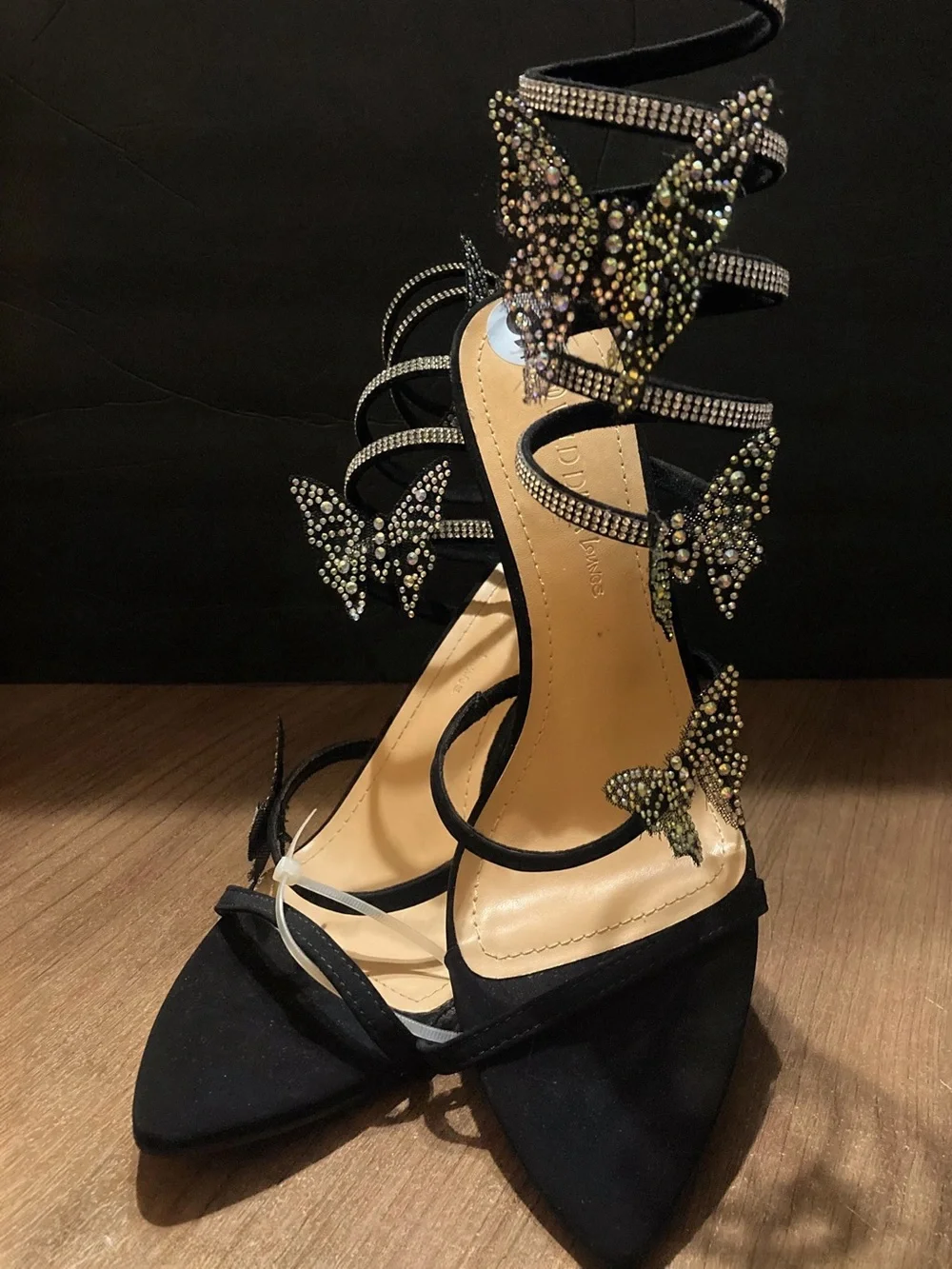 Wild Diva Black Butterfly Crystal Strappy Heels